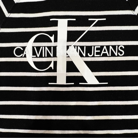 CALVIN Klein Black Striped Cotton Blend Boat Neck Short Sleeve Crop Top, Size M - Picture 11 of 12